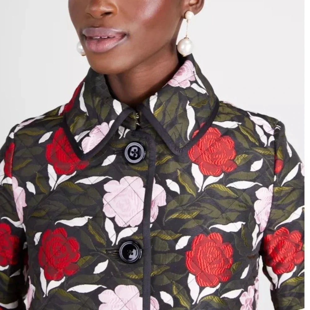 Kate Spade New York Sz XL Quilted Floral Rose Jacket Coat Black Pink Red